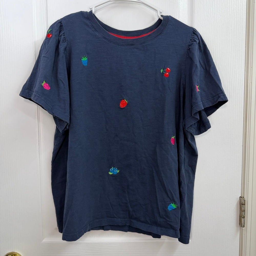 Jane & Delancey blue fruit embroidered short sleeve 100% cotton casual shirt L